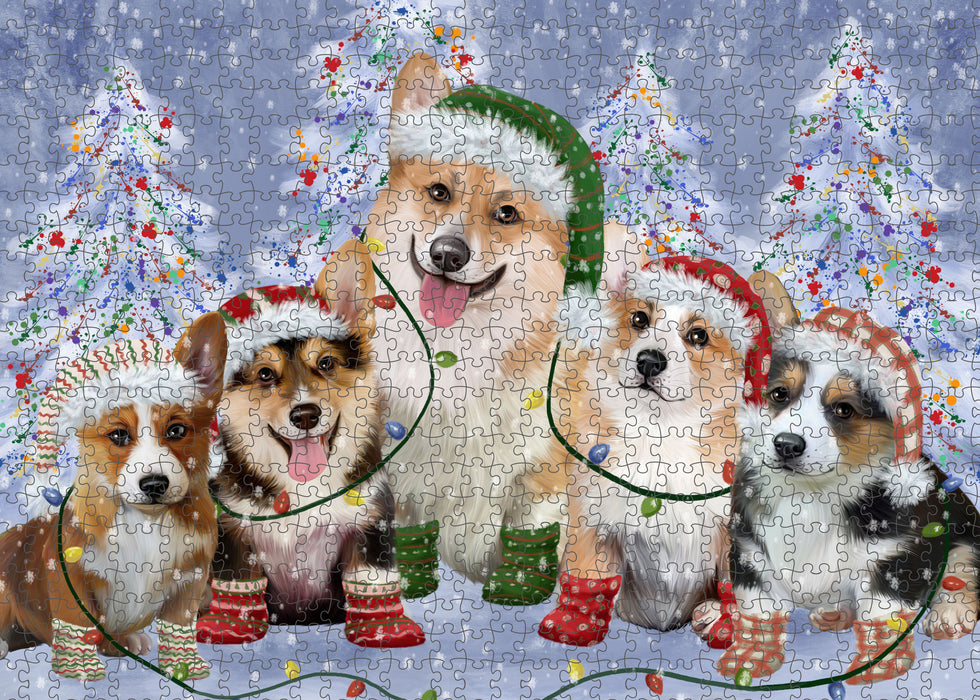 Christmas Lights and Corgi Dogs Portrait Jigsaw Puzzle for Adults Animal Interlocking Puzzle Game Unique Gift for Dog Lover's with Metal Tin Box