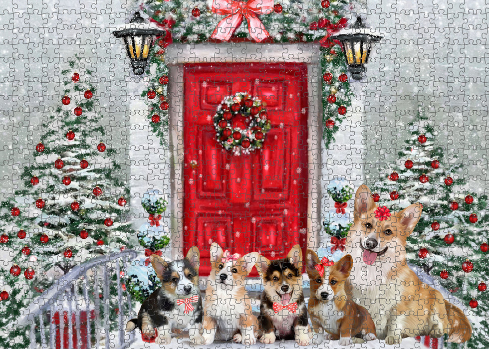 Christmas Holiday Welcome Corgi Dogs Portrait Jigsaw Puzzle for Adults Animal Interlocking Puzzle Game Unique Gift for Dog Lover's with Metal Tin Box