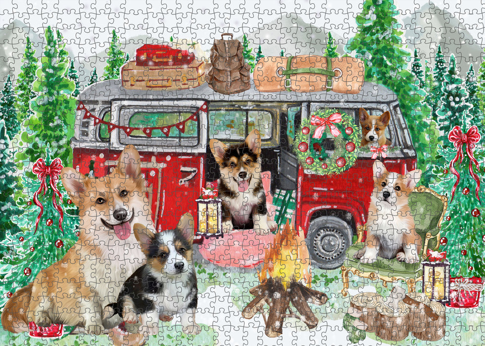 Christmas Time Camping with Corgi Dogs Portrait Jigsaw Puzzle for Adults Animal Interlocking Puzzle Game Unique Gift for Dog Lover's with Metal Tin Box