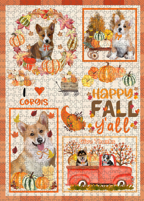 Happy Fall Y'all Pumpkin Corgi Dogs Portrait Jigsaw Puzzle for Adults Animal Interlocking Puzzle Game Unique Gift for Dog Lover's with Metal Tin Box