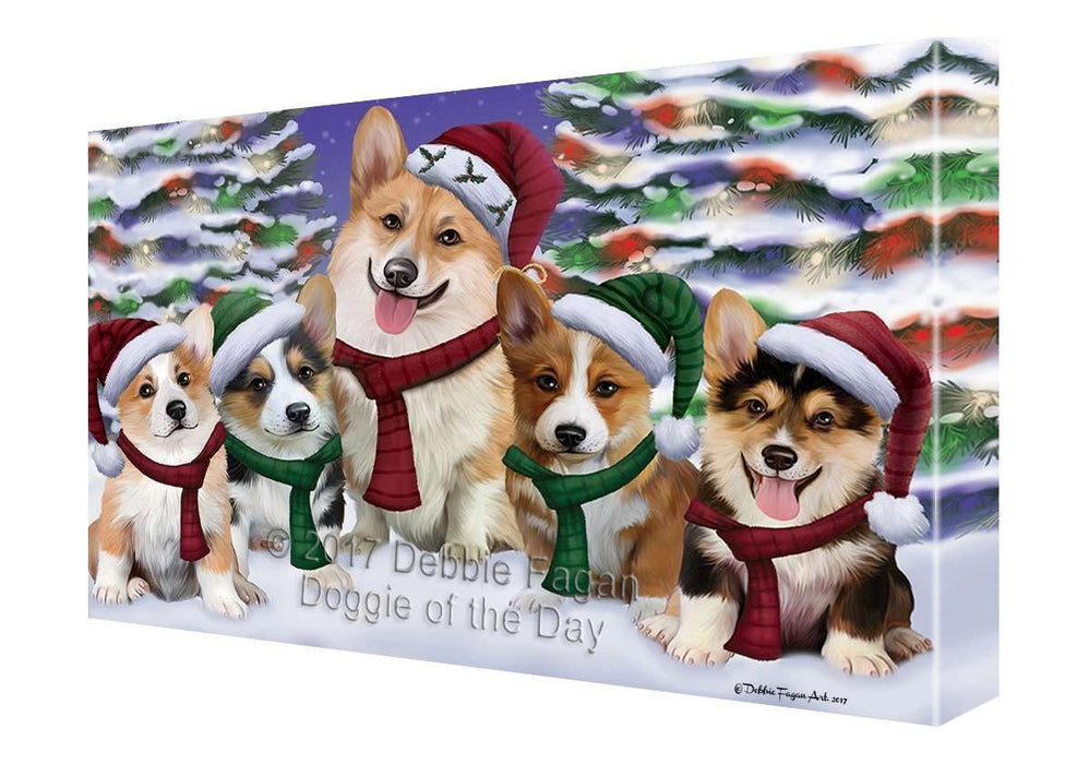 Corgis Dog Christmas Family Portrait in Holiday Scenic Background Canvas Wall Art