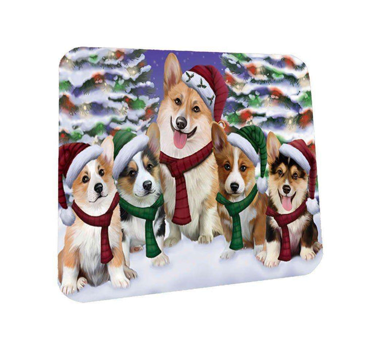 Corgis Dog Christmas Family Portrait in Holiday Scenic Background Coasters Set of 4