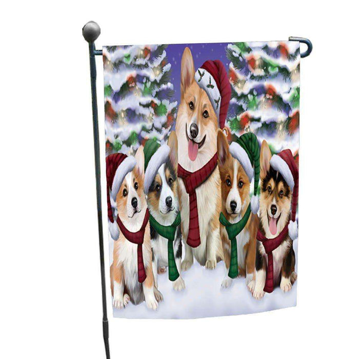 Corgis Dog Christmas Family Portrait in Holiday Scenic Background Garden Flag