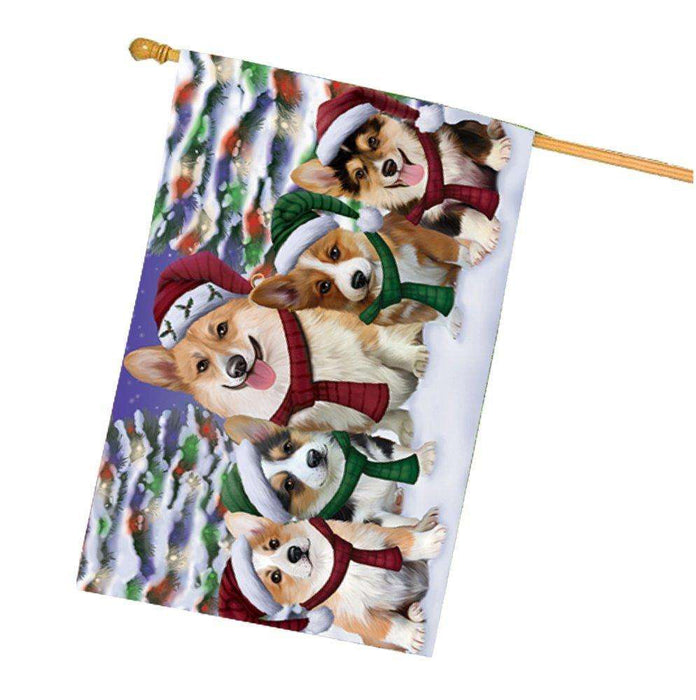 Corgis Dog Christmas Family Portrait in Holiday Scenic Background House Flag