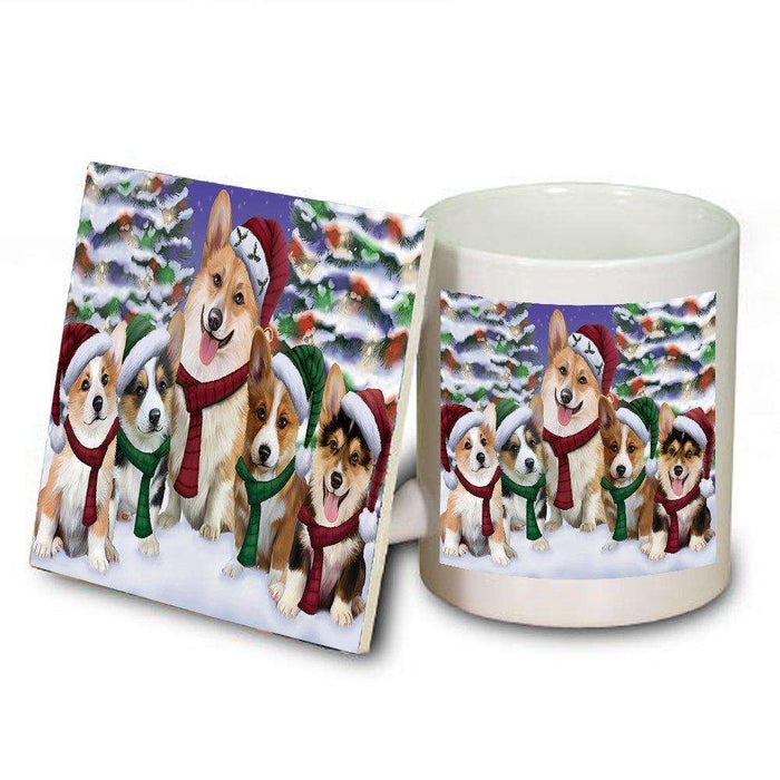 Corgis Dog Christmas Family Portrait in Holiday Scenic Background Mug and Coaster Set