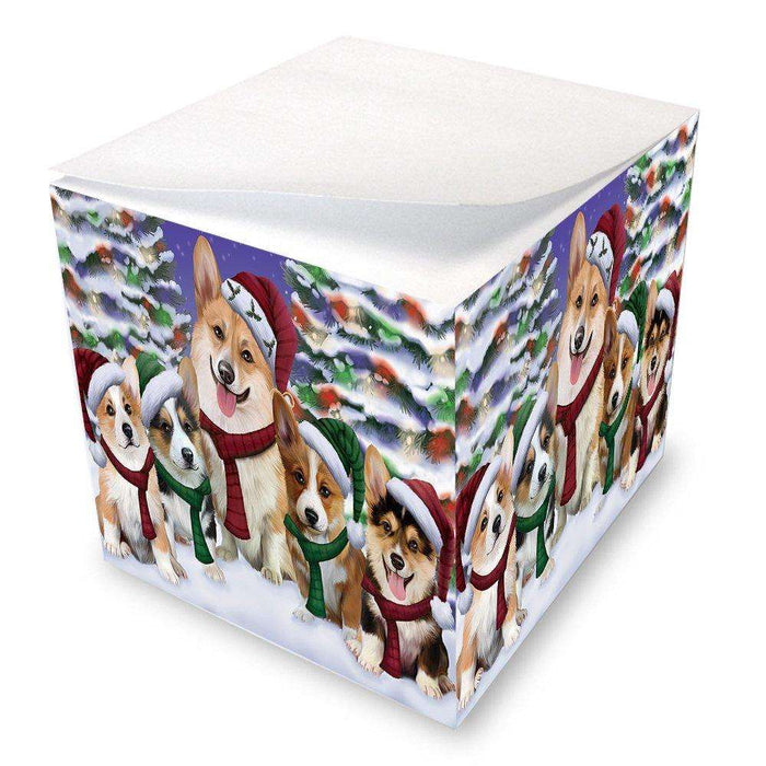 Corgis Dog Christmas Family Portrait in Holiday Scenic Background Note Cube D140