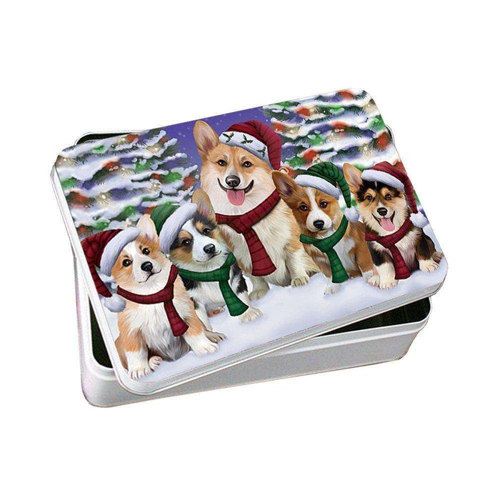 Corgis Dog Christmas Family Portrait in Holiday Scenic Background Photo Storage Tin