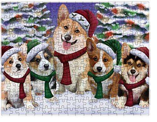 Corgis Dog Christmas Family Portrait in Holiday Scenic Background Puzzle with Photo Tin