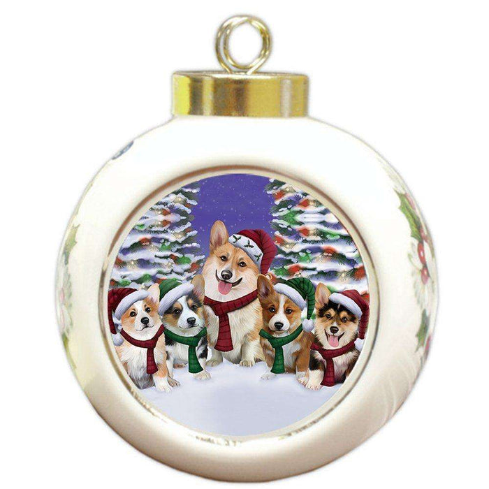 Corgis Dog Christmas Family Portrait in Holiday Scenic Background Round Ball Ornament
