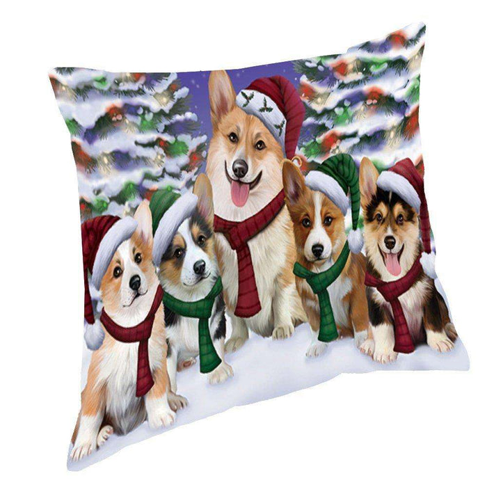 Corgis Dog Christmas Family Portrait in Holiday Scenic Background Throw Pillow