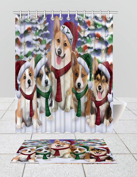 Corgi Dogs Christmas Family Portrait in Holiday Scenic Background  Bath Mat and Shower Curtain Combo