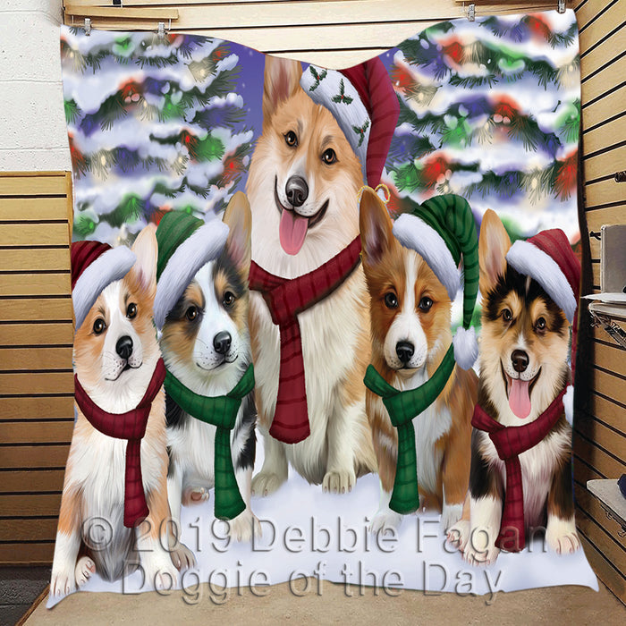 Corgi Dogs Christmas Family Portrait in Holiday Scenic Background Quilt
