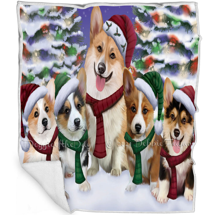Corgis Dog Christmas Family Portrait in Holiday Scenic Background Art Portrait Print Woven Throw Sherpa Plush Fleece Blanket