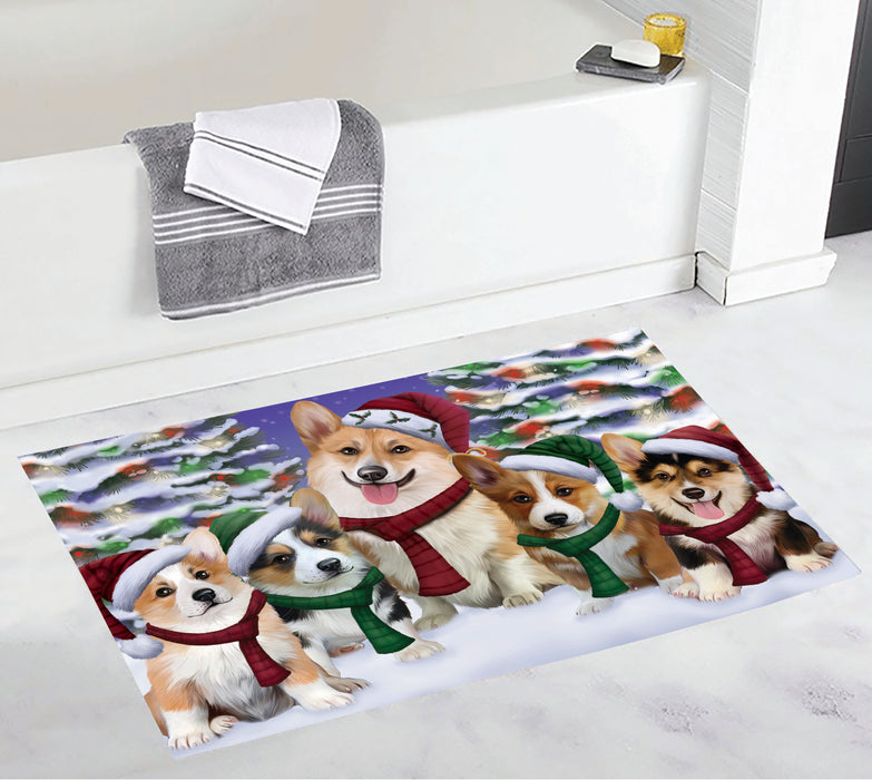 Corgi Dogs Christmas Family Portrait in Holiday Scenic Background Bath Mat