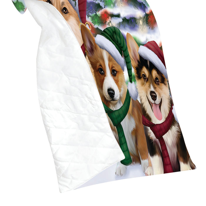 Corgi Dogs Christmas Family Portrait in Holiday Scenic Background Quilt