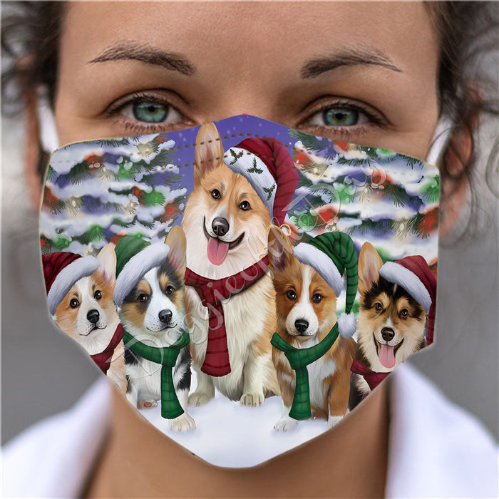 Corgi Dogs Christmas Family Portrait in Holiday Scenic Background Face Mask FM48338