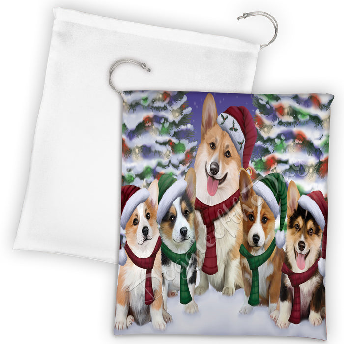 Corgi Dogs Christmas Family Portrait in Holiday Scenic Background Drawstring Laundry or Gift Bag LGB48136