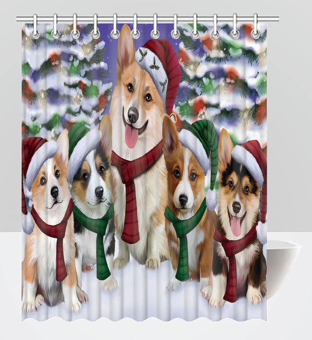 Corgi Dogs Christmas Family Portrait in Holiday Scenic Background Shower Curtain