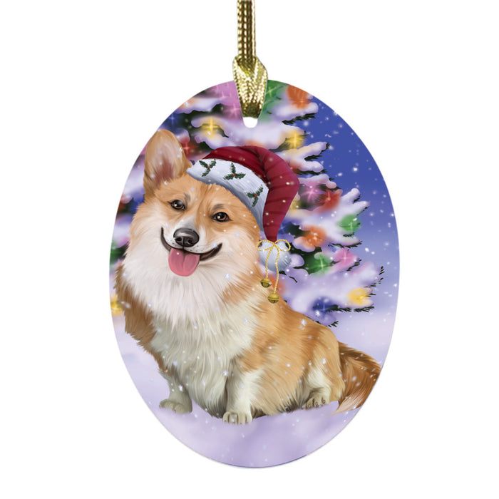 Winterland Wonderland Corgi Dog In Christmas Holiday Scenic Background Oval Glass Christmas Ornament OGOR49566
