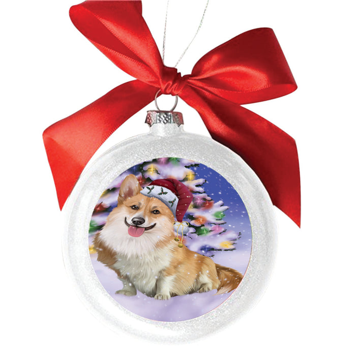 Winterland Wonderland Corgi Dog In Christmas Holiday Scenic Background White Round Ball Christmas Ornament WBSOR49566