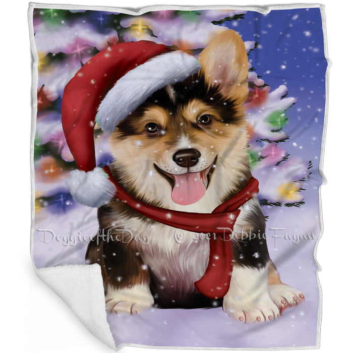Winterland Wonderland Corgis Puppy Dog In Christmas Holiday Scenic Background Blanket