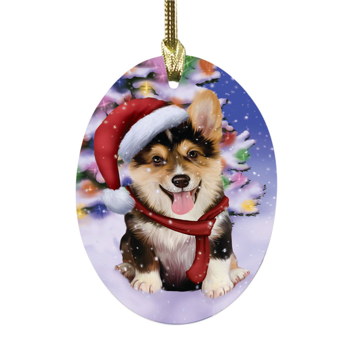 Winterland Wonderland Corgi Dog In Christmas Holiday Scenic Background Oval Glass Christmas Ornament OGOR49567