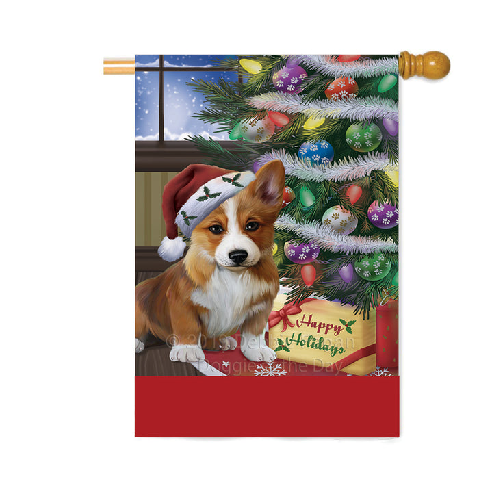 Personalized Christmas Happy Holidays Corgi Dog with Tree and Presents Custom House Flag FLG-DOTD-A58682