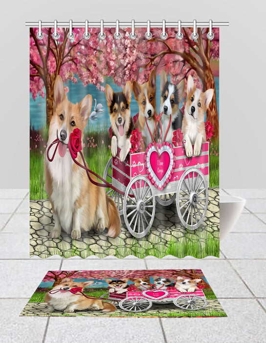 I Love Corgi Dogs in a Cart Bath Mat and Shower Curtain Combo