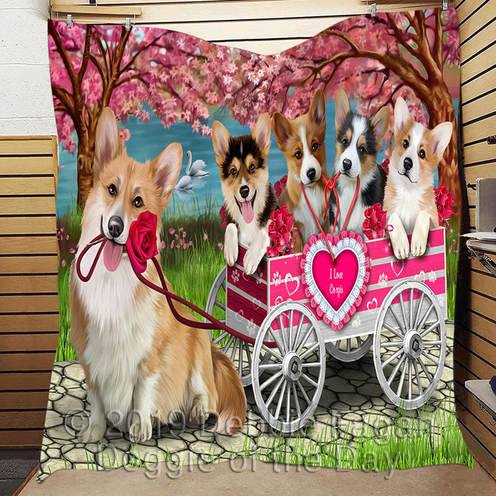 I Love Corgi Dogs in a Cart Quilt