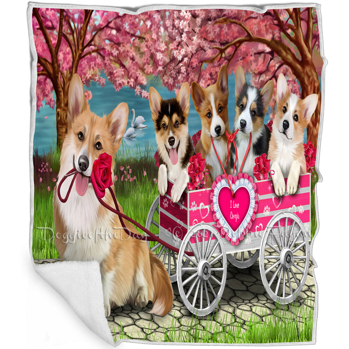 I Love Corgi Dogs in a Cart Art Portrait Print Woven Throw Sherpa Plush Fleece Blanket