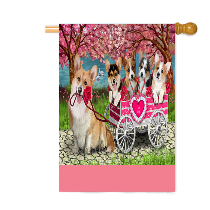 Personalized I Love Corgi Dogs in a Cart Custom House Flag FLG-DOTD-A62204