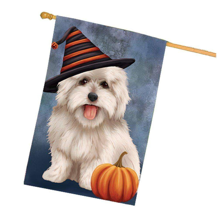 Coton De Tulear Dog Wearing Witch Hat with Pumpkin House Flag