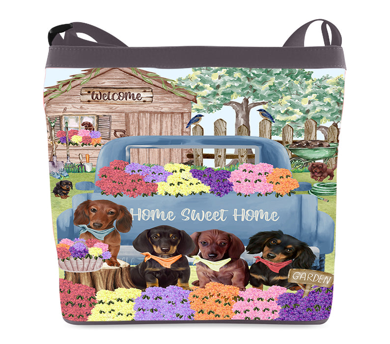 Rhododendron Home Sweet Home Garden Blue Truck Dachshund Dog on Crossbody Bags