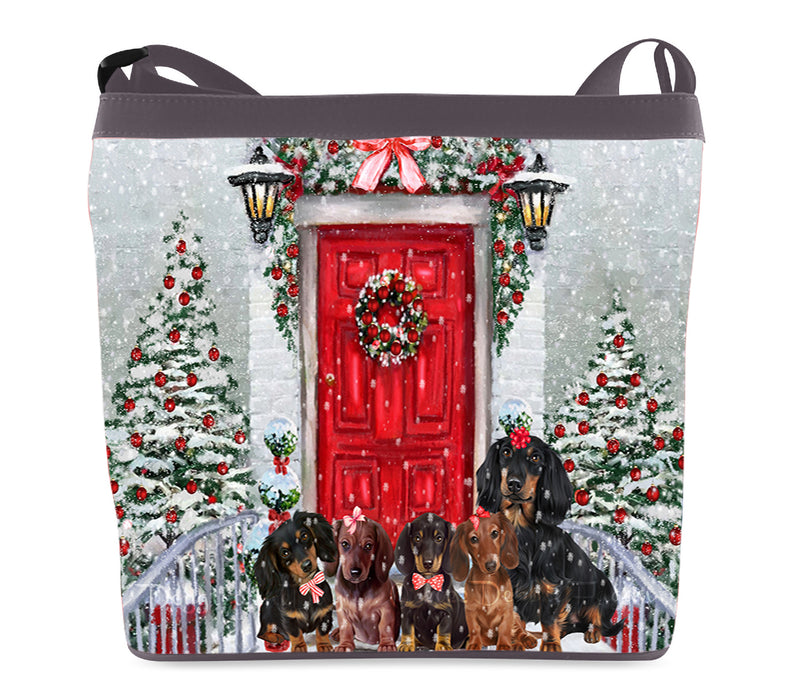 Christmas Holiday Welcome Red Door Dachshund Dog on Crossbody Bags