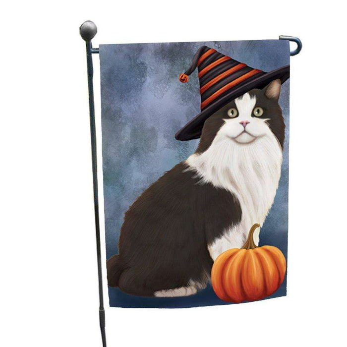 Cymric Black And White Cat Wearing Witch Hat with Pumpkin Garden Flag