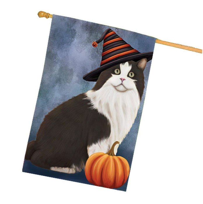 Cymric Black And White Cat Wearing Witch Hat with Pumpkin House Flag