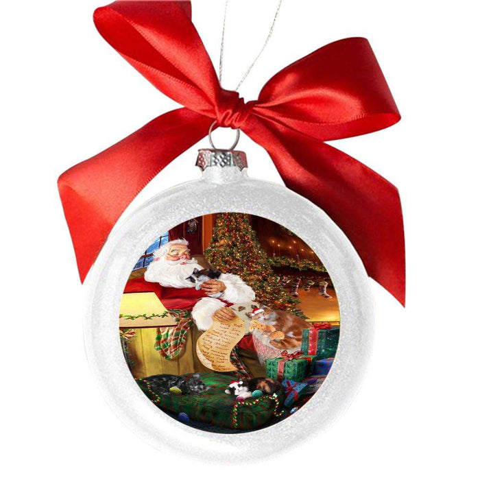 Cymric Black And White Cats and Kittens Sleeping with Santa White Round Ball Christmas Ornament WBSOR49274