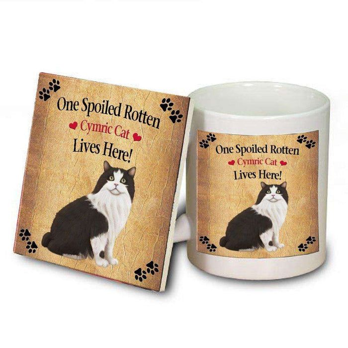 Cymric Black And White Spoiled Rotten Cat Mug and Coaster Set