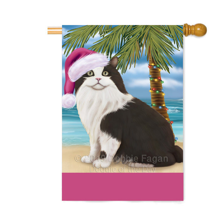 Personalized Summertime Happy Holidays Christmas Cymric Black And White Cat on Tropical Island Beach Custom House Flag FLG-DOTD-A60522