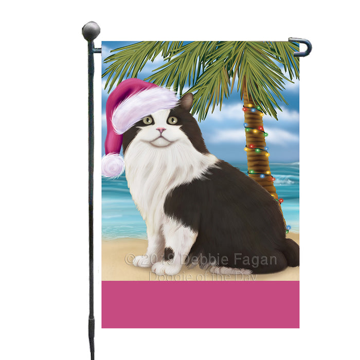 Personalized Summertime Happy Holidays Christmas Cymric Black And White Cat on Tropical Island Beach  Custom Garden Flags GFLG-DOTD-A60466
