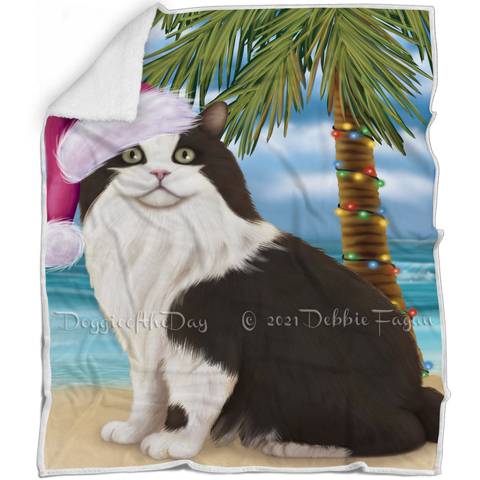 Summertime Happy Holidays Christmas Cymric Black And White Cat on Tropical Island Beach Blanket D171