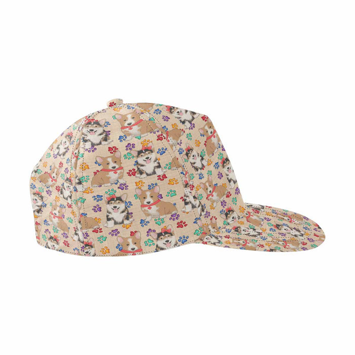 Women's All Over Rainbow Paw Print Corgi Dog Snapback Hat Cap