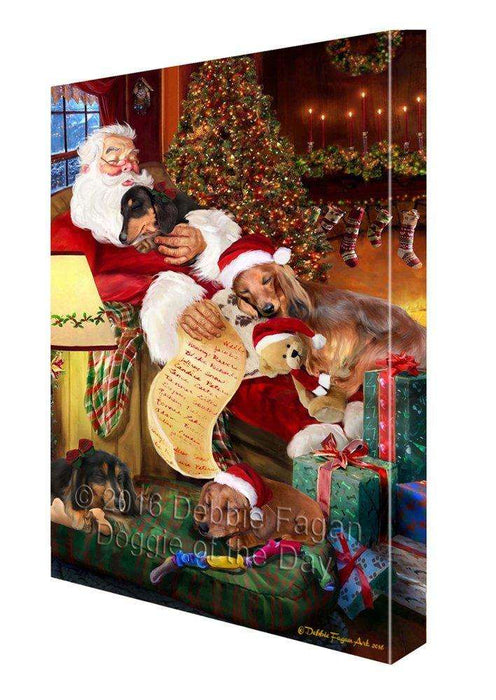 Dachshund Dog and Puppies Sleeping with Santa Painting Printed on Canvas Wall Art