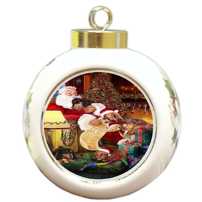 Dachshund Dog and Puppies Sleeping with Santa Round Ball Christmas Ornament