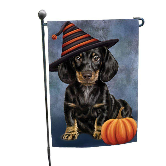 Dachshund Dog Wearing Witch Hat with Pumpkin Garden Flag