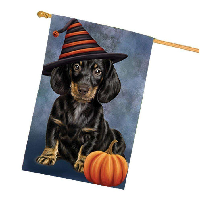 Dachshund Dog Wearing Witch Hat with Pumpkin House Flag