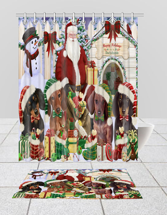 Happy Holidays Christmas Dachshund Dogs House Gathering Bath Mat and Shower Curtain Combo