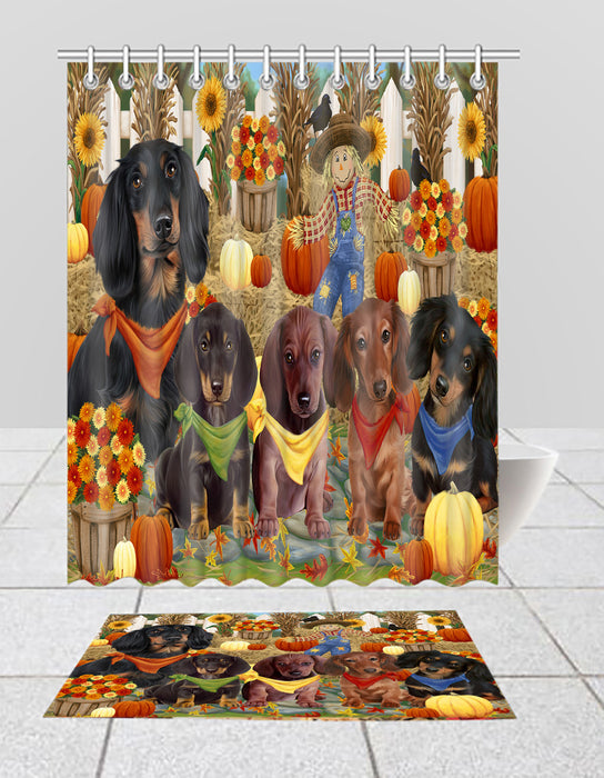 Fall Festive Harvest Time Gathering Dachshund Dogs Bath Mat and Shower Curtain Combo