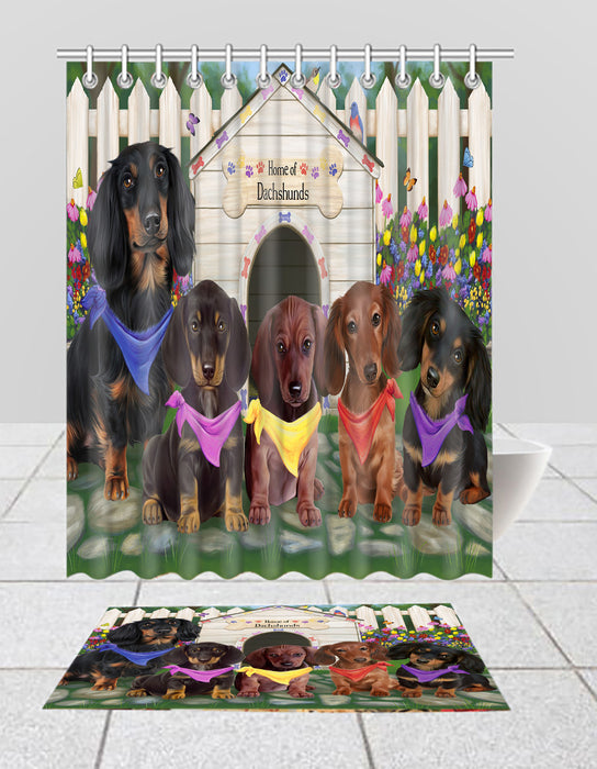 Spring Dog House Dachshund Dogs Bath Mat and Shower Curtain Combo