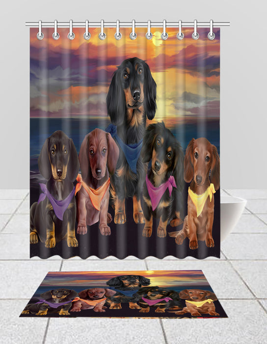 Family Sunset Portrait Dachshund Dogs Bath Mat and Shower Curtain Combo